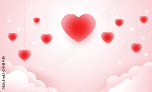Hanging Red Hearts Valentine Background with Clouds, Romantic Love Banner Vector Illustration