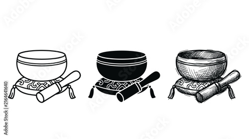 Singing bowls with mallet on silk cushions in different artistic styles