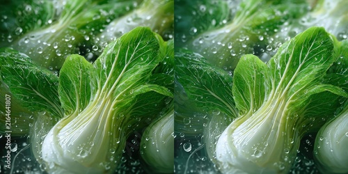 Fresh bok choy vegetables with water droplets close up for culinary and healthy concepts