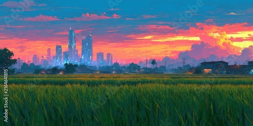 Vibrant cityscape at sunset over green fields and colorful sky illustration