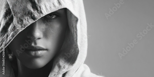 Woman in hooded garment portrait in black and white against solid gray background