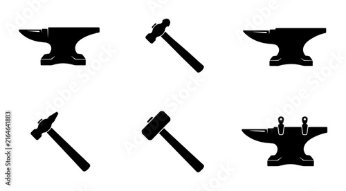 Blacksmithing Tools Collection: Anvil and Hammer Icons, Metalworking Equipment Set, Industrial Craftsmanship Symbols, Vector Graphics for Forge and Workshop