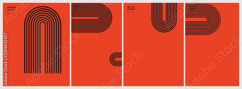 Minimalist Geometric Abstract Poster Collection Featuring Linear Arch and Curve Patterns in Bold Orange and Deep Brown Tones