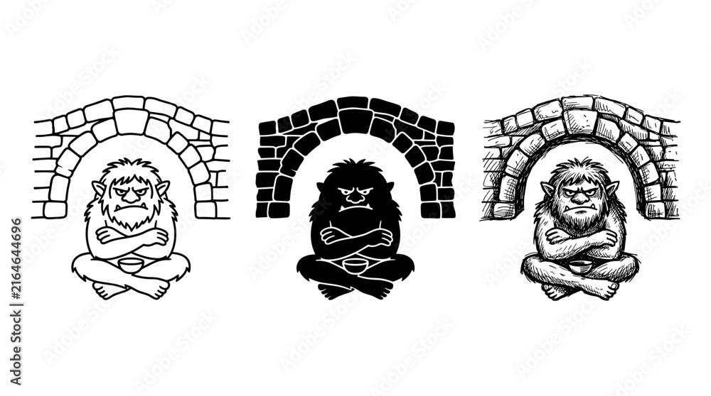 Fototapeta premium Three grumpy bridge trolls sitting under stone arches in outline, solid silhouette, and hand-drawn sketch styles