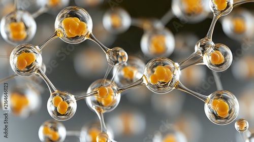 Transparent polymer network containing suspended microcapsules viewed through precision macro optics advanced pharmaceutical delivery concept premium realism