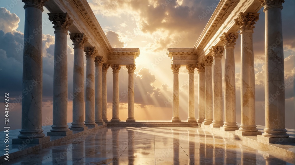 Fototapeta premium Ancient Greek Temple Colonnade at Sunset with Dramatic Sky