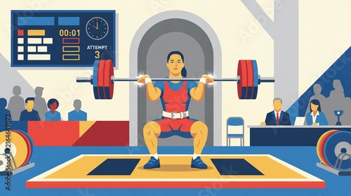 Weightlifter performing Olympic lift in competitive indoor sports arena