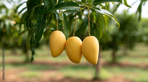 Ripe yellow mango fruit scientifically known as Mangifera indica hanging naturally from lush green tree branch inside organic orchard plantation