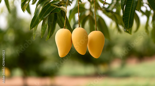 Fresh ripe yellow mango fruit hanging on tree branch in tropical orchard farm plantation with green leaves background during sunny harvest day
