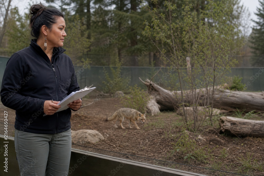 Naklejka premium Veterinary Rehabilitation Wildlife Specialist Observing Fox Recovery