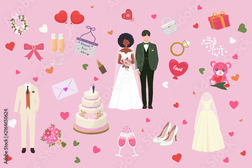 Wedding Celebration Vector Set - Romantic Bridal Icons on Pink Background