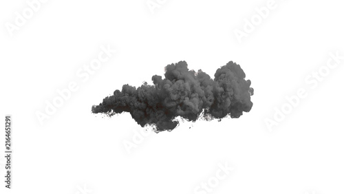 Dense dark smoke plume and billowing cloud isolated on white background