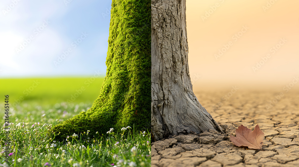 Fototapeta premium Conceptual contrast of climate change showing lush green tree trunk with vibrant grass versus dry cracked earth and dead tree in drought