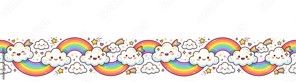 Naklejka premium Whimsical rainbow and cute smiling clouds border with sparkling stars and hearts. cartoon style