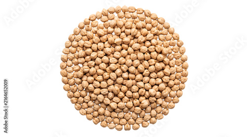 Top view of many dried organic chickpeas arranged in a perfect circle isolated on white background transparent background