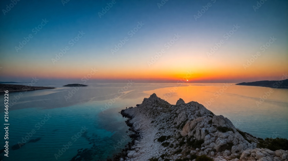 Obraz premium Breathtaking sunset over rocky coastline and tranquil sea