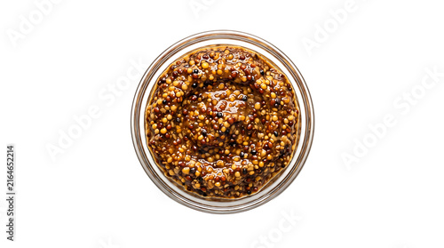 Top view of whole grain mustard in a glass bowl isolated on white background transparent background