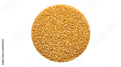 Top view of raw organic split yellow moong dal lentils arranged in a perfect circle shape transparent background