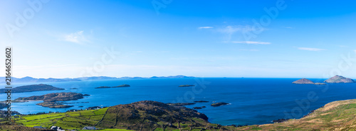 Panoramic view of Derrynane Bay from the Coomakesta Pass along the Ring of Kerry in County Kerry, Ireland