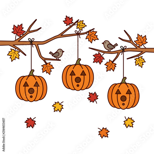 Halloween pumpkins hanging from autumn tree branches with falling leaves and birds illustration