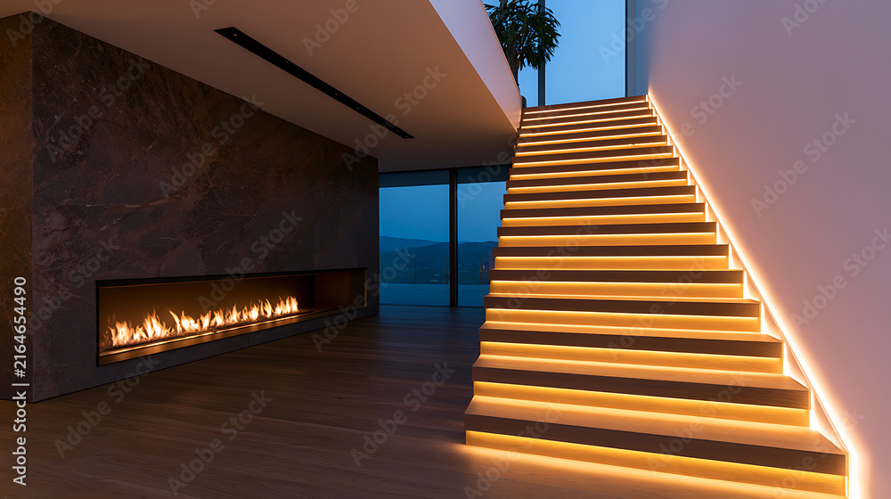 Fototapeta premium Modern luxury interior living room featuring a glowing wooden staircase with LED strip lights and a sleek contemporary gas fireplace in the wa