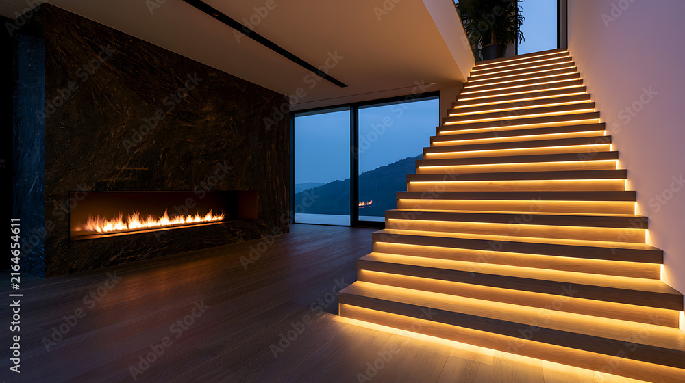 Fototapeta premium Modern luxury interior design with illuminated staircase steps, elegant wooden floors, marble fireplace wall, and stunning evening view outside