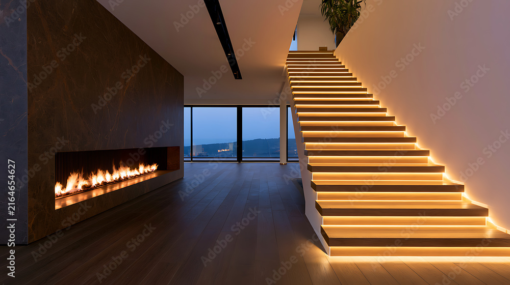 Fototapeta premium Modern luxury interior design with illuminated staircase, glowing linear fireplace, hardwood floor, panoramic window, and cozy evening atmosphere