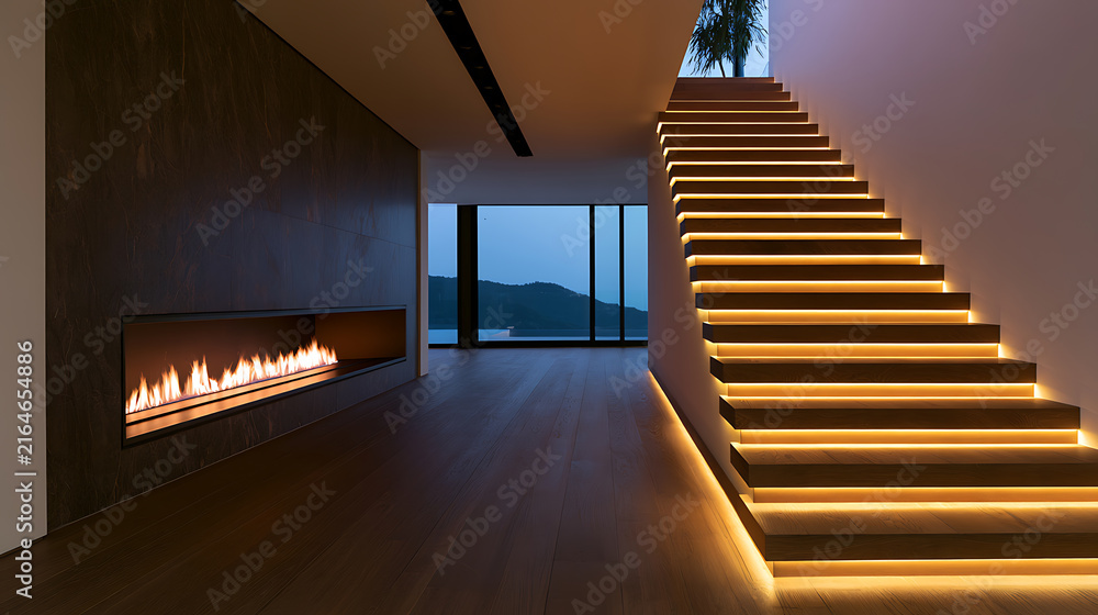 Fototapeta premium Modern luxury interior design featuring sleek floating staircase with warm led strip light illumination and linear fireplace in spacious hall