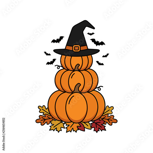 Stacked Halloween pumpkins with witch hat and autumn leaves vector illustration