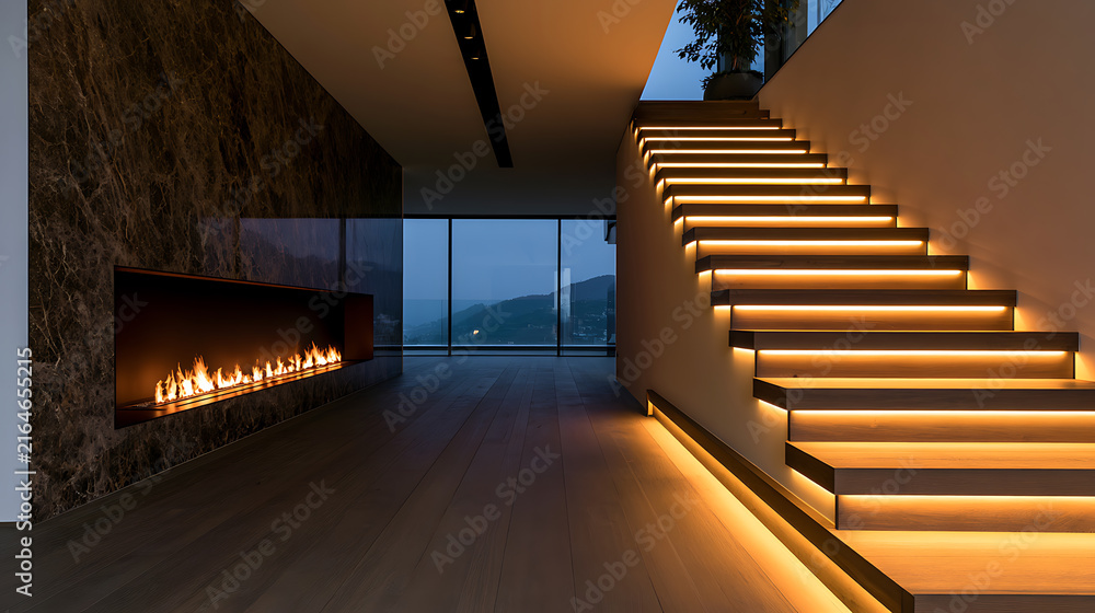 Fototapeta premium Modern luxury interior design with illuminated staircase step light, linear fireplace flame wall feature, and panoramic window view at night