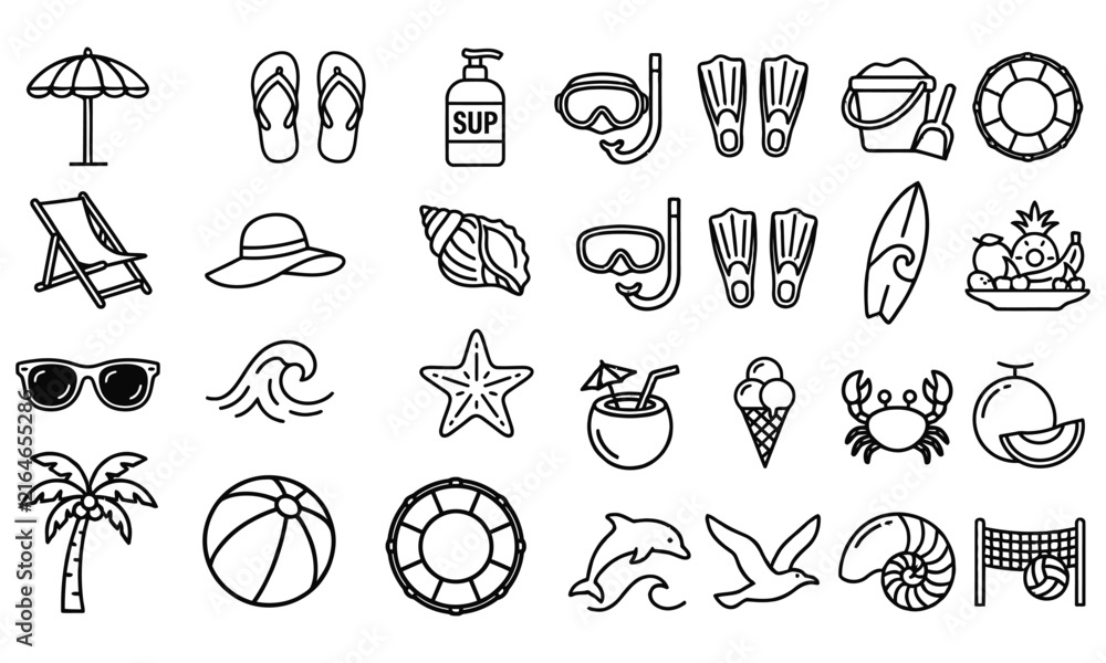 Fototapeta premium Summer Beach Line Icon Set Featuring Vacation Travel Symbols and Ocean Elements