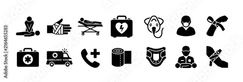 First aid and emergency silhouette icon set
