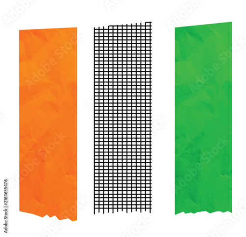 Abstract Orange Black Green Strips, Geometric Grid Texture, Colorful Torn Paper Panels, Layered Grunge Background, Modern Decorative Design