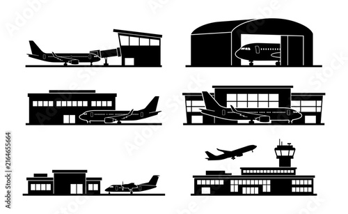 Airport and aviation infrastructure silhouette icon set
