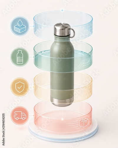 Green stainless steel water bottle with layered infographics illustrating features such as hydration, protection, and delivery in a clean, modern design on a light background
