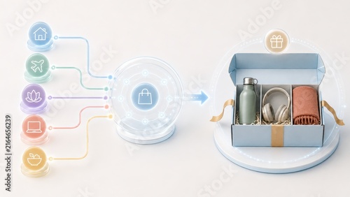 Gift box with assorted items including a water bottle, headphones, and a blanket, surrounded by icons representing various categories like travel and home
