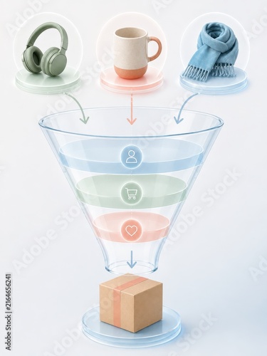 Marketing funnel illustration with headphones, coffee mug, and scarf icons, featuring a central package and user engagement stages in a modern design