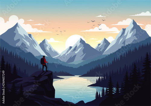 Canvas Print Vector flat design ilustration of a lonely hiker standing on cliff looking at mo