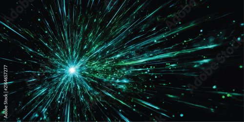 Obraz na plátně Hyperspace warp speed tunnel with bright cyan light trails and scattered particl