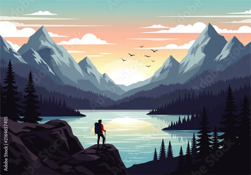 Canvas Print Vector flat design ilustration of a hiker looking at majestic mountains lake sun