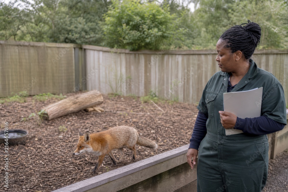 Naklejka premium Veterinary Rehabilitation Wildlife Technician Stands Fox