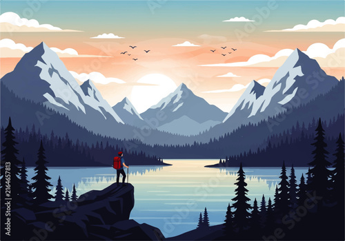 Canvas Print Vector flat design illustration of hiker standing by alpine lake with mountains