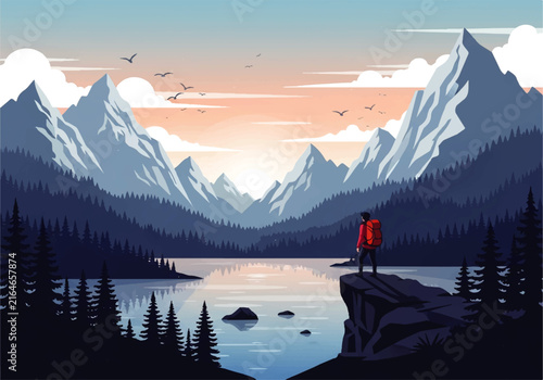 Photography Vector flat design ilustration of a hiker standing on a cliff overlooking mounta