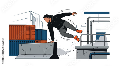 Young athletic man performing parkour jump in urban setting.