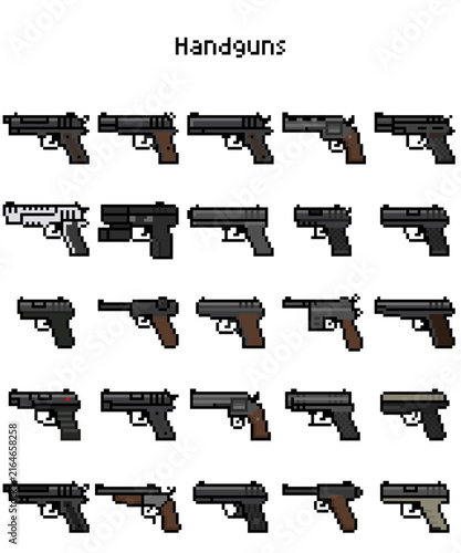 Set of Retro Pixel Art Handguns, Pistols, and Revolvers for 2D Video Game Assets
