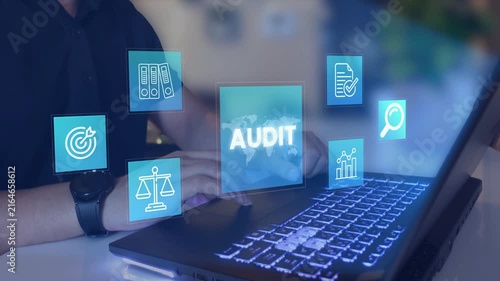 Business audit concept. virtual interface displaying audit, and compliance data analysis icons. Evaluation financial, standard certification