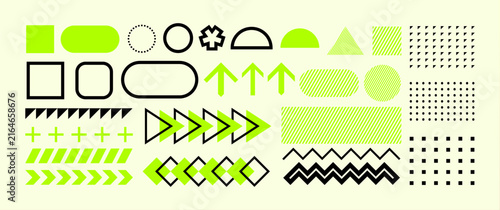 Neon green and black geometric shapes, arrows, and patterns set isolated on cream background. Trendy y2k vector graphics