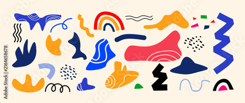 Colorful abstract organic shapes set. Doodle blobs, wavy lines, and rainbows on beige. Trendy Y2K aesthetic