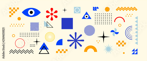 Blue, red, and yellow geometric shapes set with eye, stars, and grids on cream. Modern abstract design elements