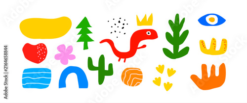 Childish hand-drawn doodle set: dinosaur, crown, cactus, eye, tree, and shapes. Colorful cute vector clipart for kids